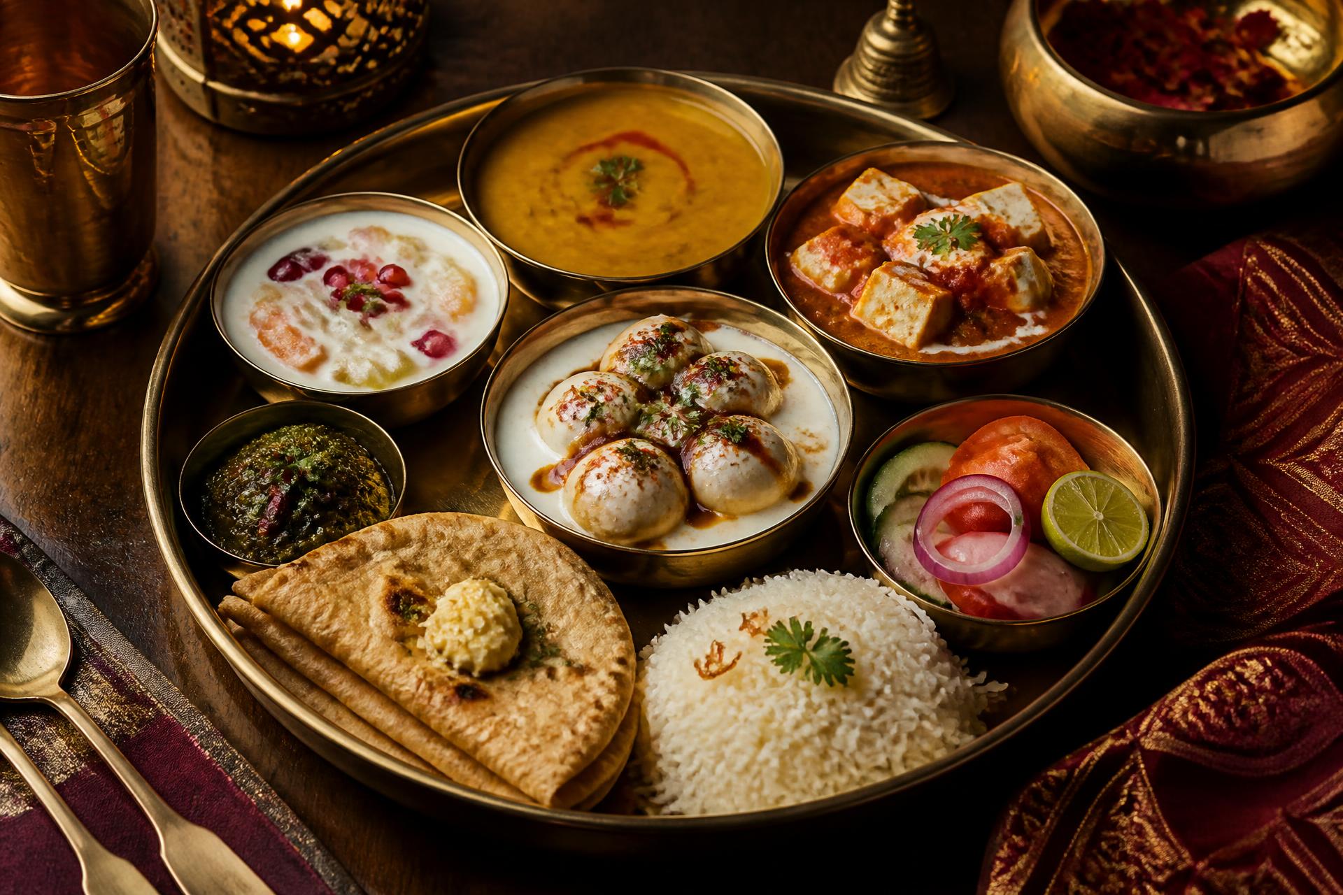 A brass thali laid with paneer curry, dal, dahi vada, rice and buttered roti