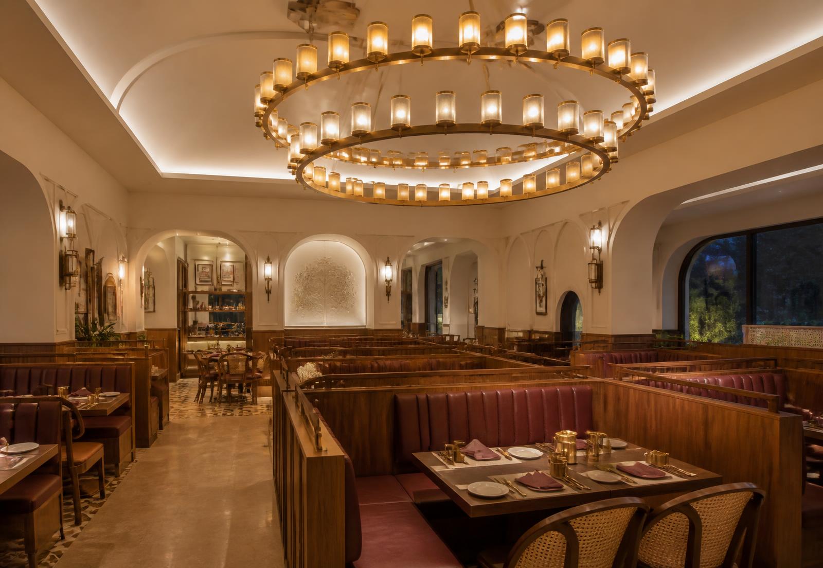 Dining hall with a large gold circular chandelier and maroon booth seating
