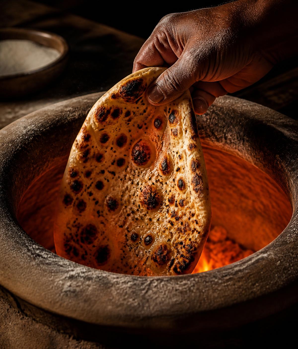 Naan being lifted from a glowing clay tandoor